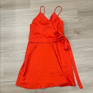 Wayf Fiery Red Orange Wrap Mini Dress